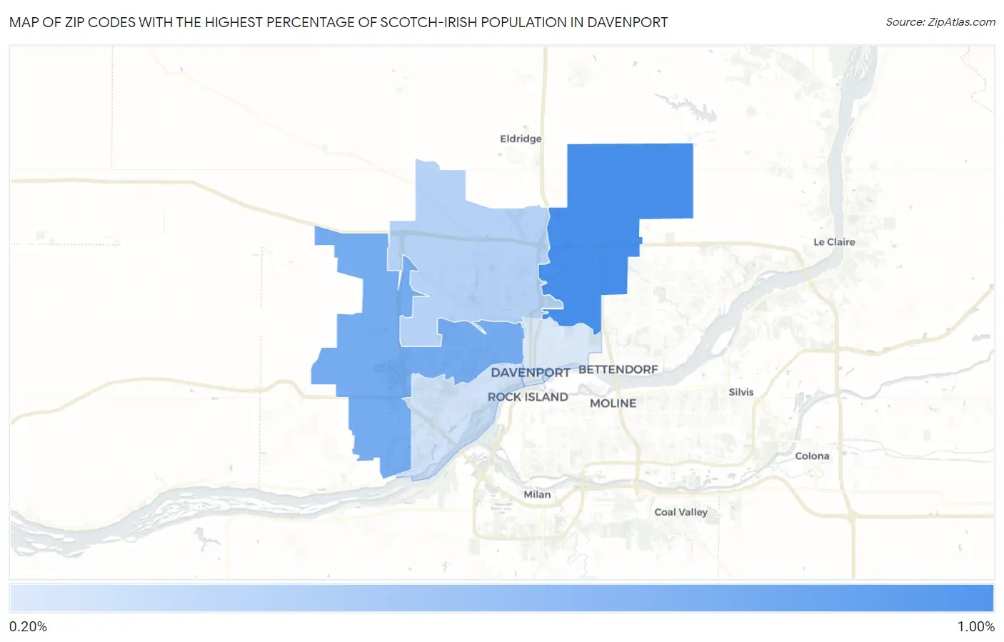 Zip Codes with the Highest Percentage of Scotch-Irish Population in Davenport Map
