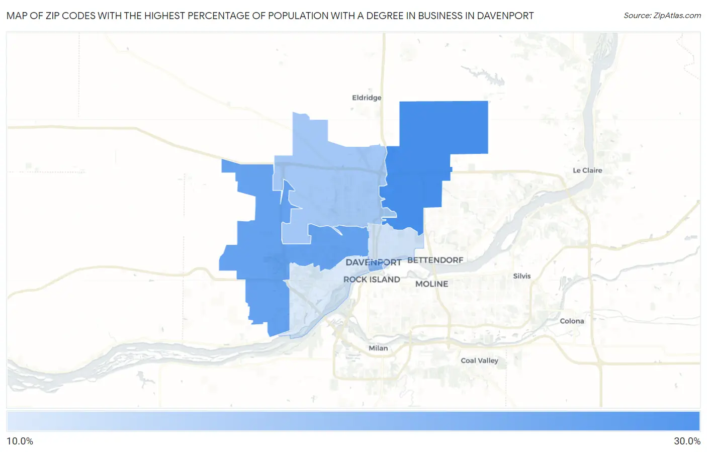 Zip Codes with the Highest Percentage of Population with a Degree in Business in Davenport Map