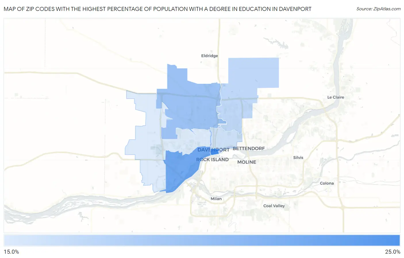Zip Codes with the Highest Percentage of Population with a Degree in Education in Davenport Map