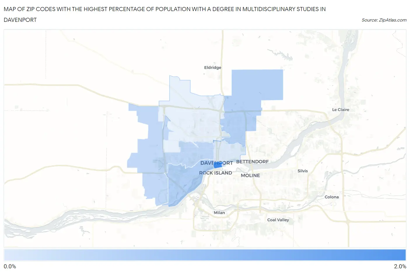 Zip Codes with the Highest Percentage of Population with a Degree in Multidisciplinary Studies in Davenport Map