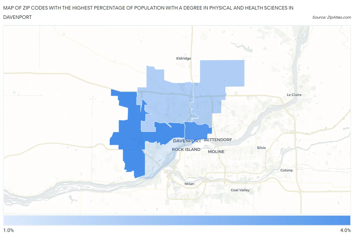 Zip Codes with the Highest Percentage of Population with a Degree in Physical and Health Sciences in Davenport Map