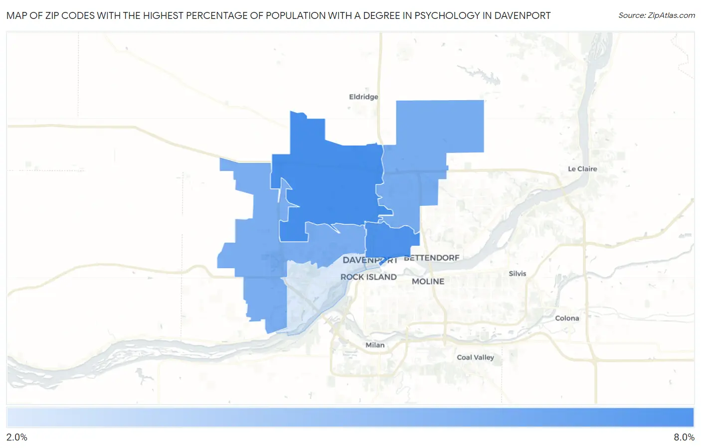 Zip Codes with the Highest Percentage of Population with a Degree in Psychology in Davenport Map