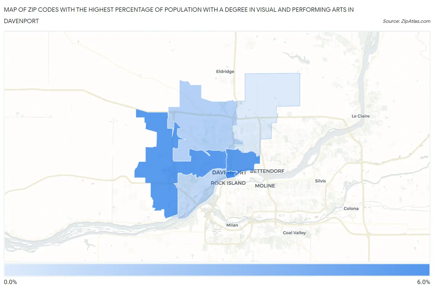 Zip Codes with the Highest Percentage of Population with a Degree in Visual and Performing Arts in Davenport Map