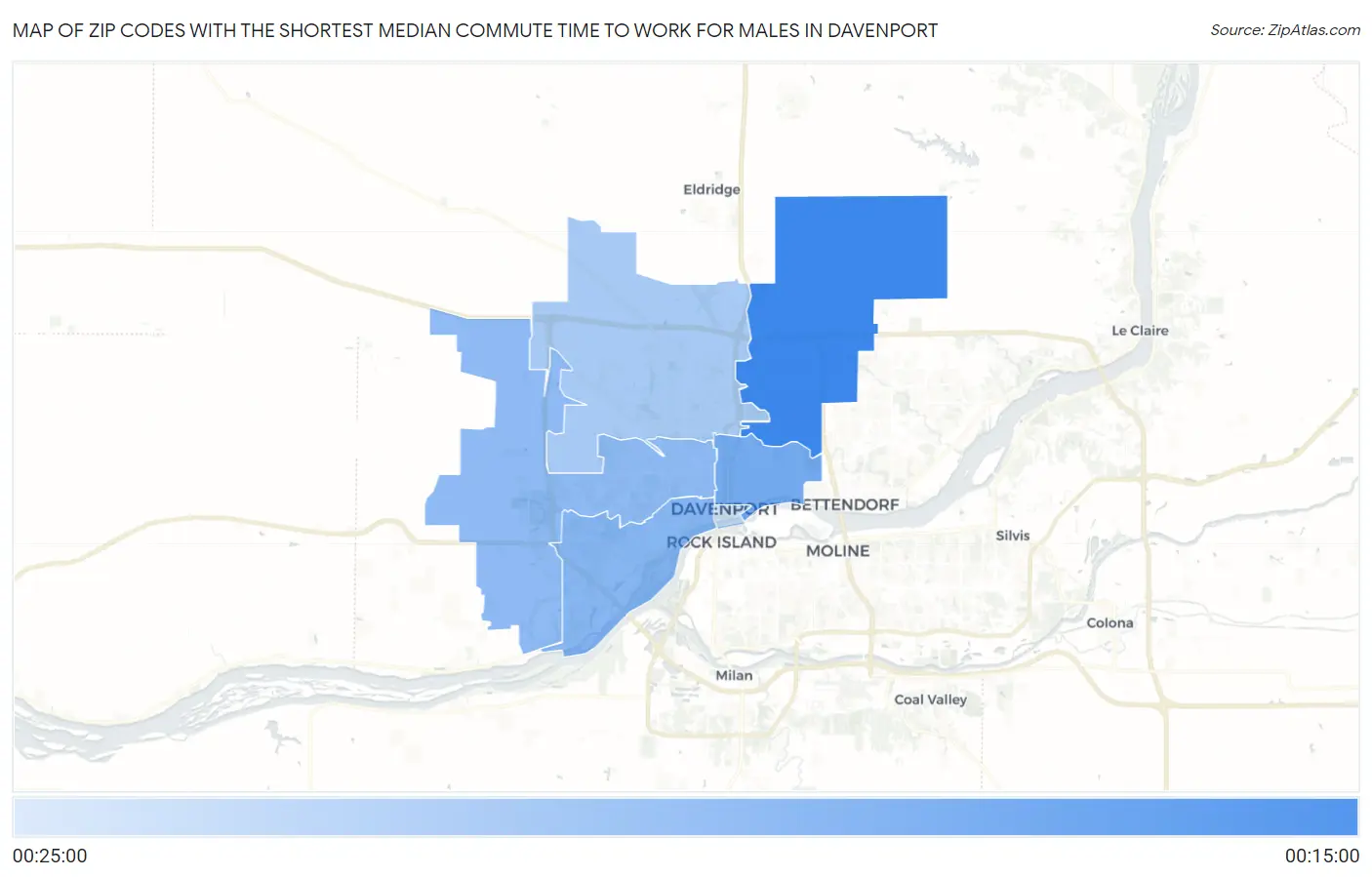 Zip Codes with the Shortest Median Commute Time to Work for Males in Davenport Map