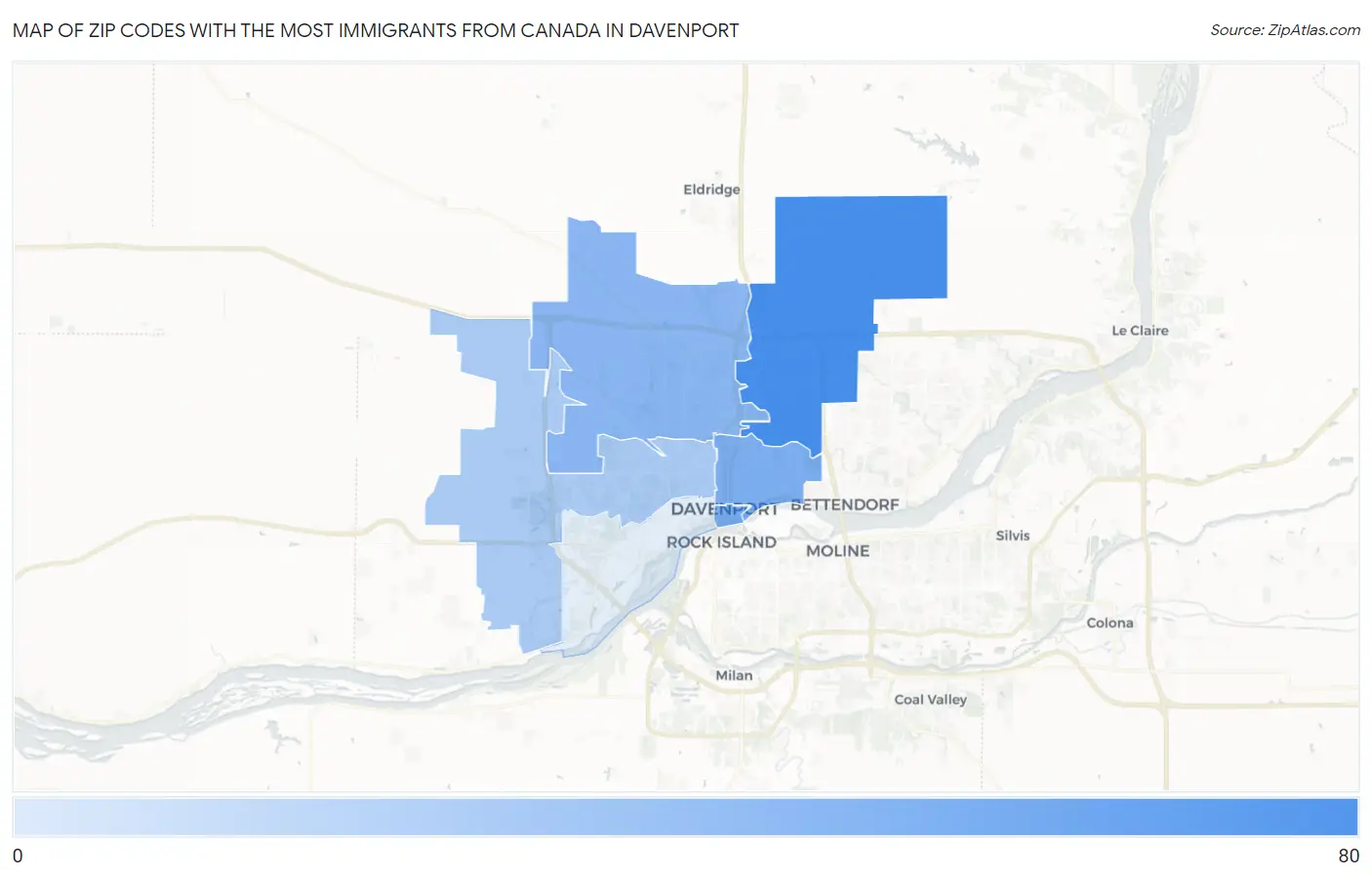 Zip Codes with the Most Immigrants from Canada in Davenport Map