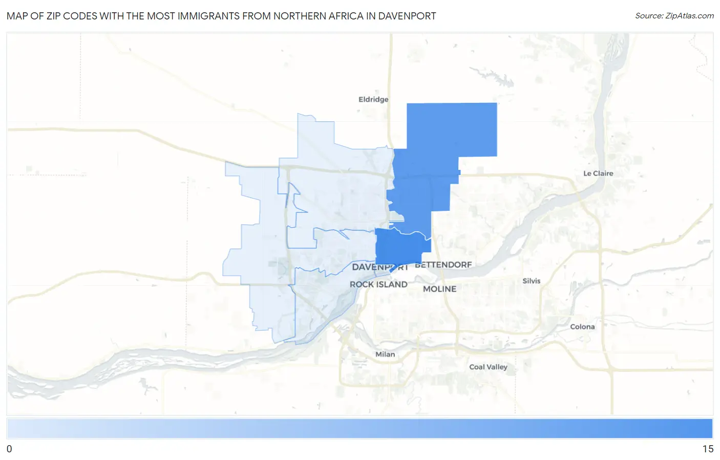 Zip Codes with the Most Immigrants from Northern Africa in Davenport Map