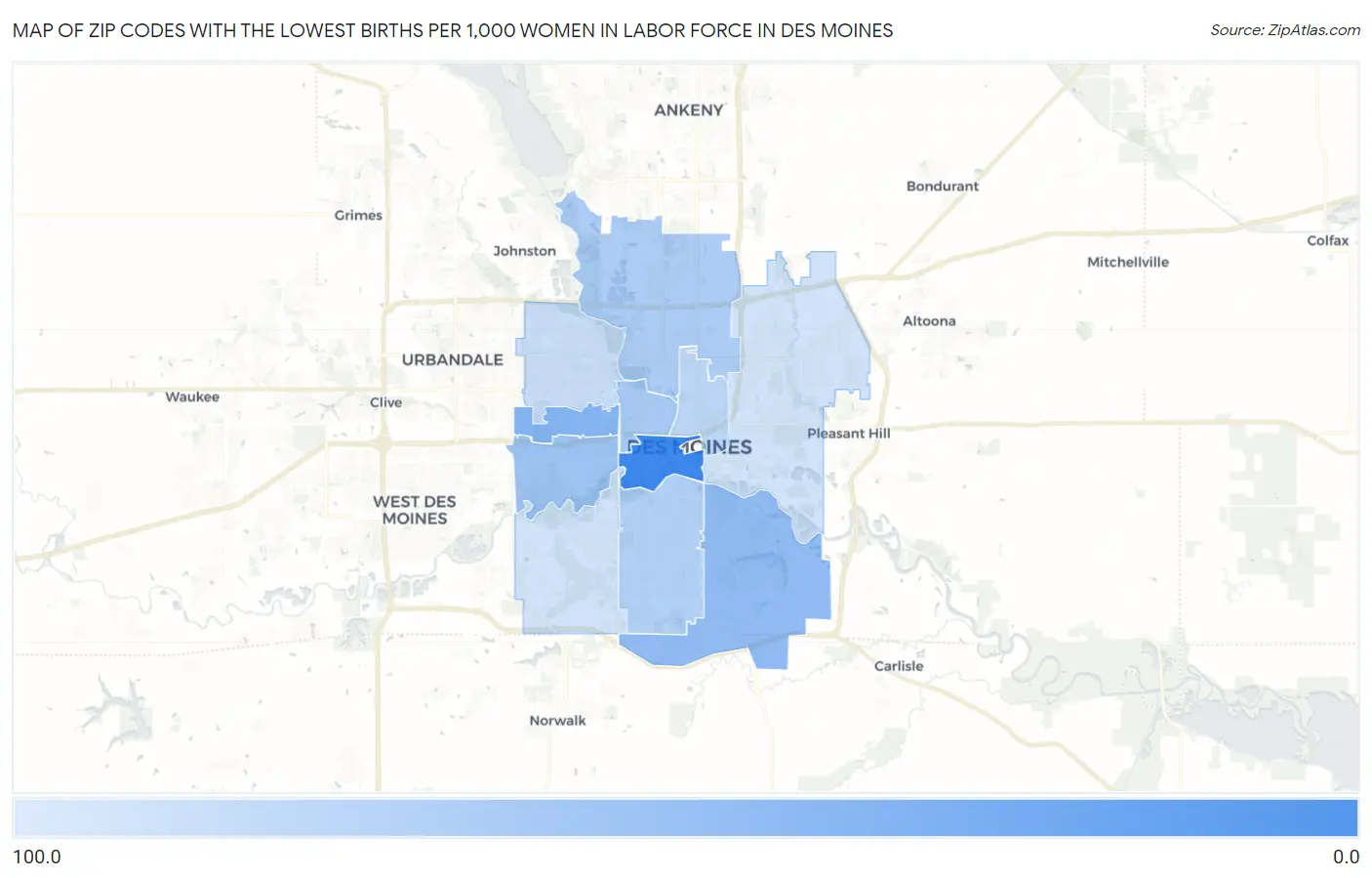 Zip Codes with the Lowest Births per 1,000 Women in Labor Force in Des Moines Map
