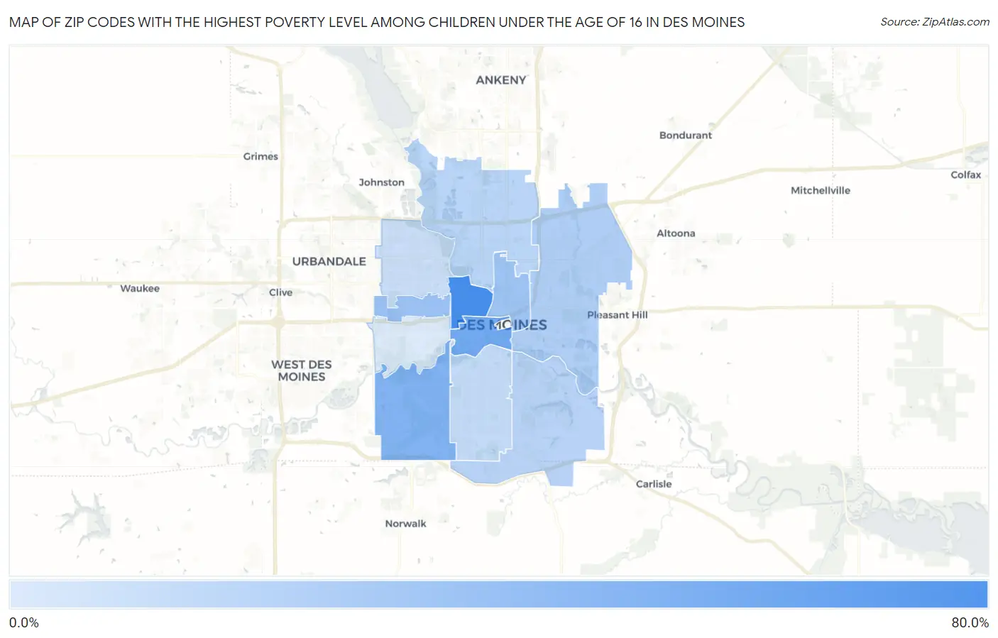 Zip Codes with the Highest Poverty Level Among Children Under the Age of 16 in Des Moines Map