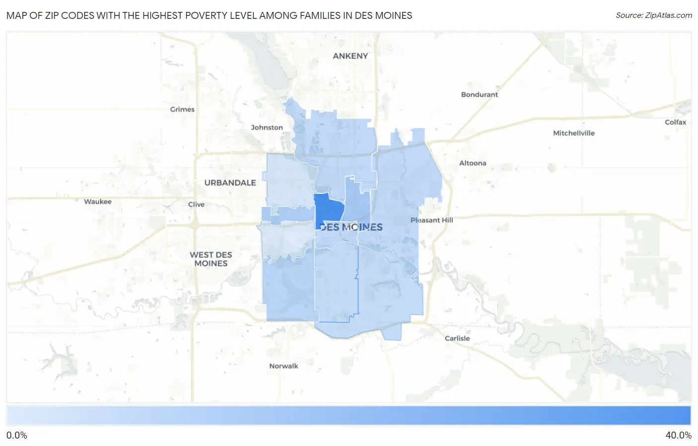 Zip Codes with the Highest Poverty Level Among Families in Des Moines Map