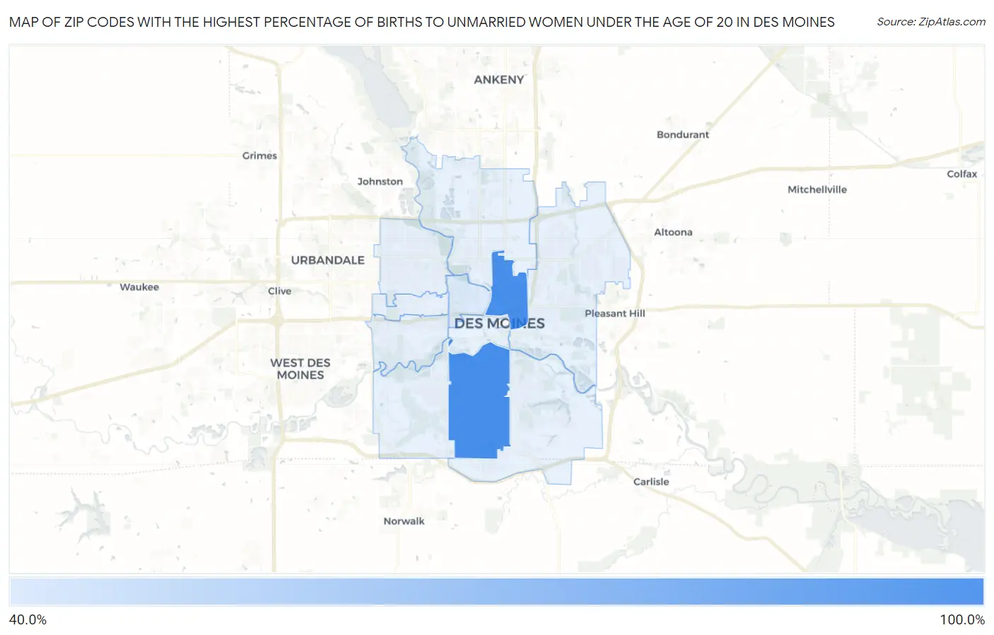 Zip Codes with the Highest Percentage of Births to Unmarried Women under the Age of 20 in Des Moines Map