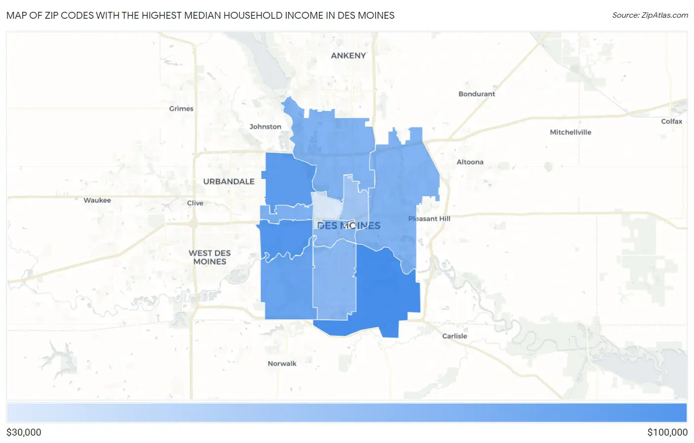 Zip Codes with the Highest Median Household Income in Des Moines Map