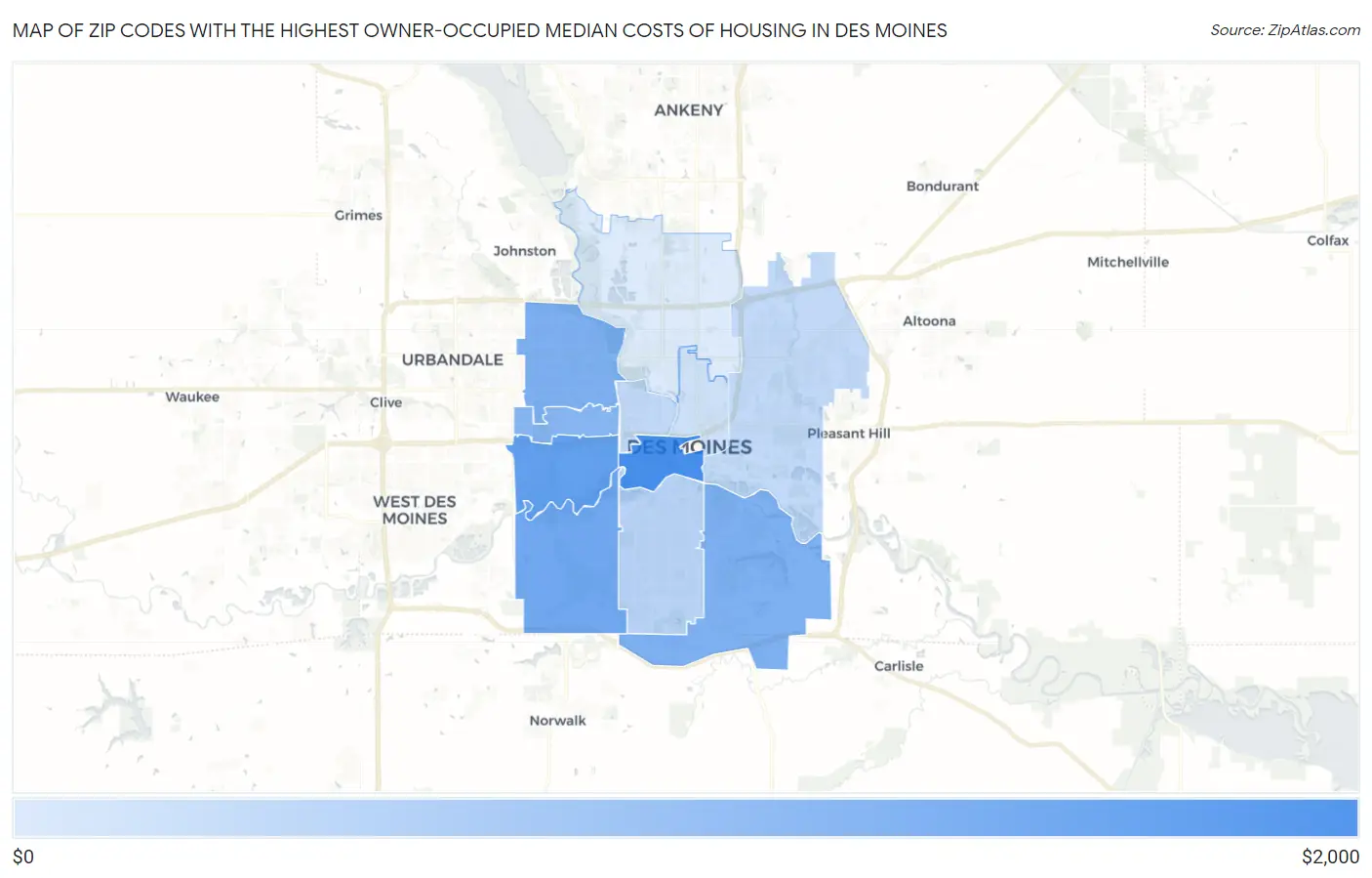 Zip Codes with the Highest Owner-Occupied Median Costs of Housing in Des Moines Map