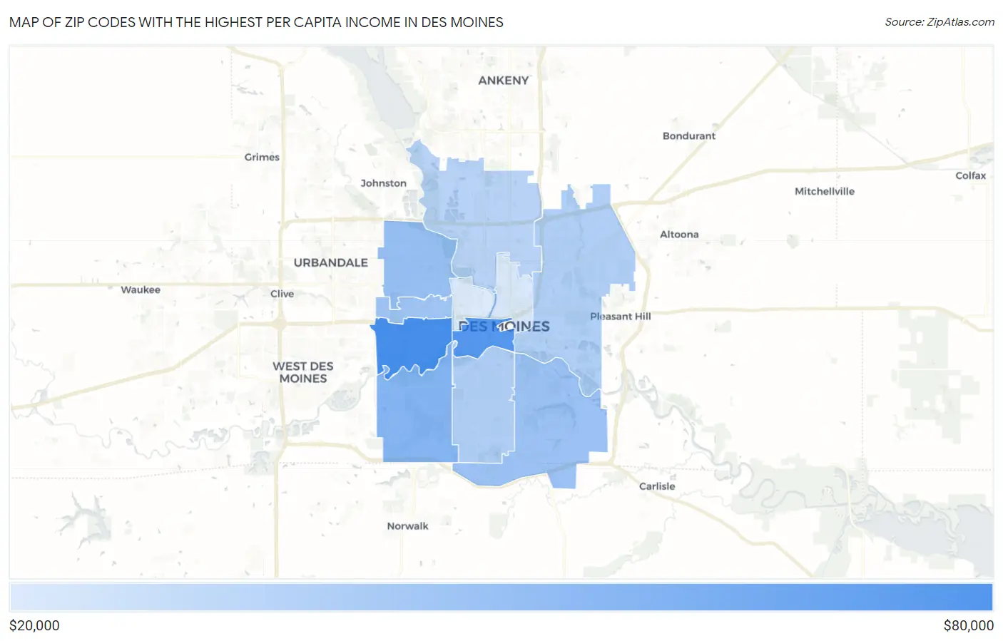 Zip Codes with the Highest Per Capita Income in Des Moines Map