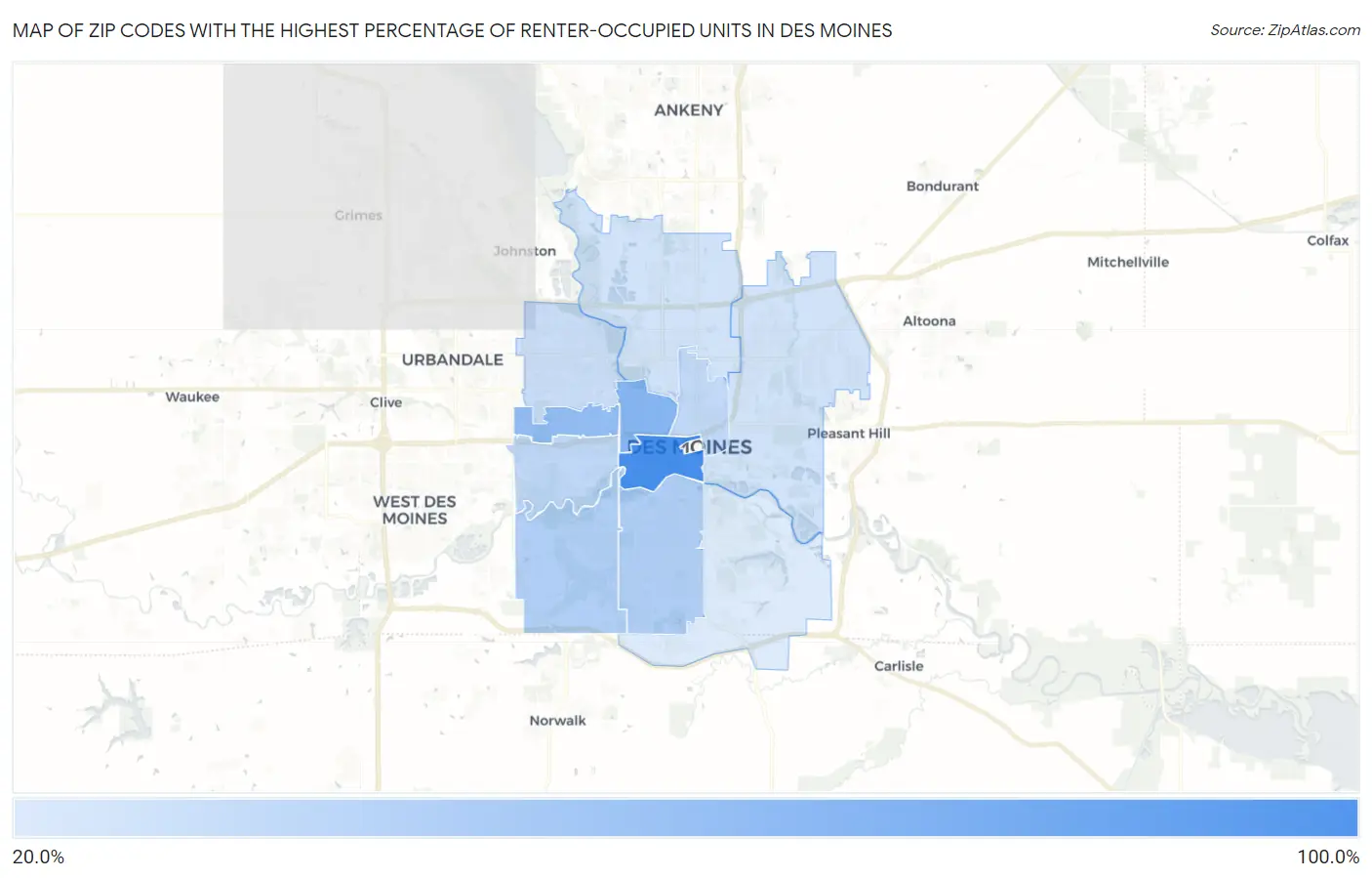 Zip Codes with the Highest Percentage of Renter-Occupied Units in Des Moines Map