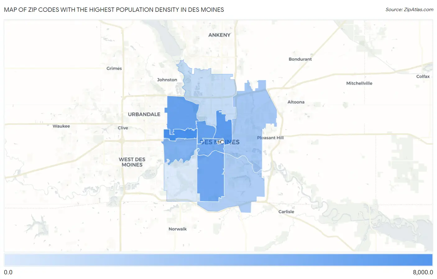 Zip Codes with the Highest Population Density in Des Moines Map