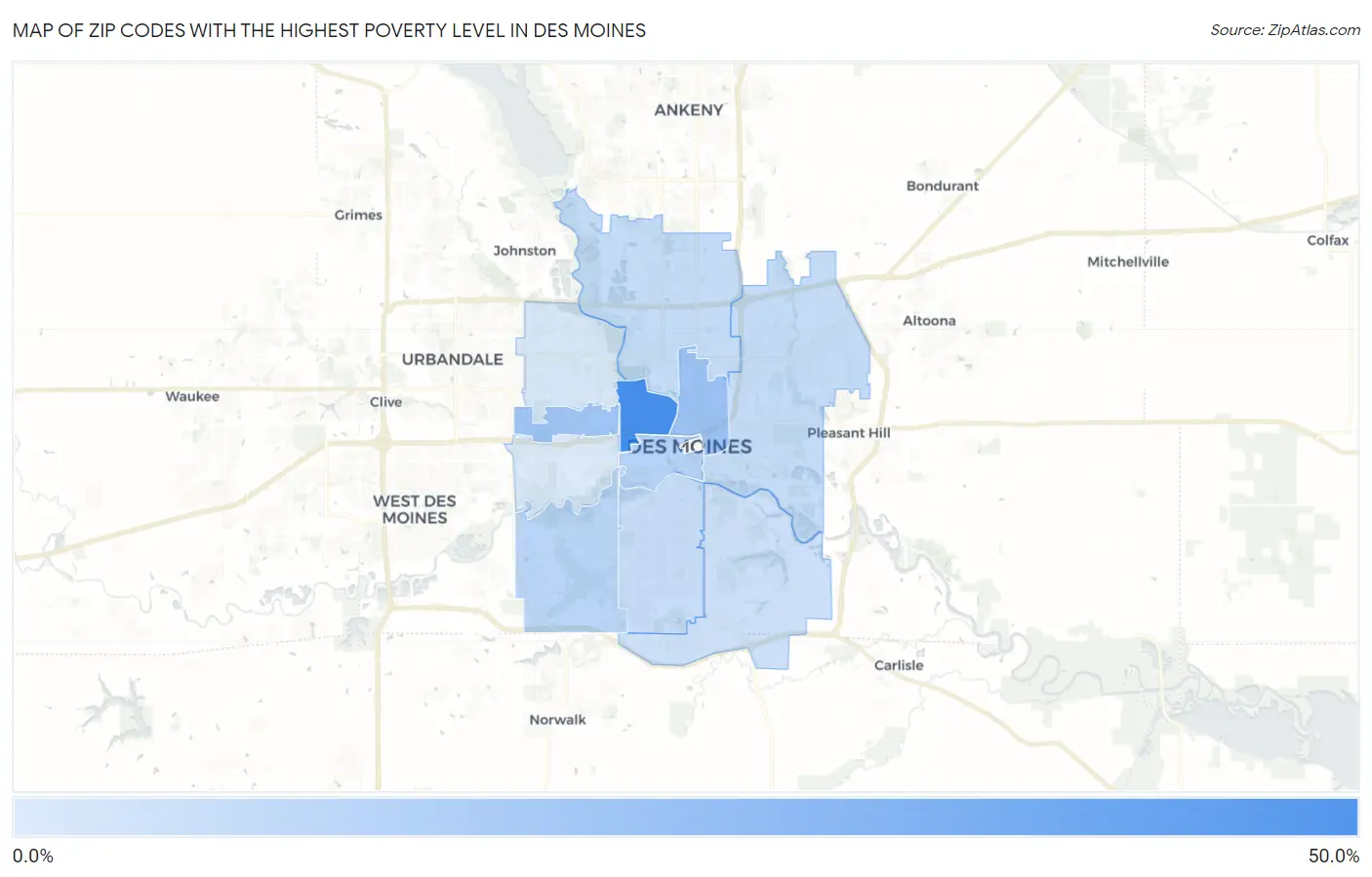 Zip Codes with the Highest Poverty Level in Des Moines Map