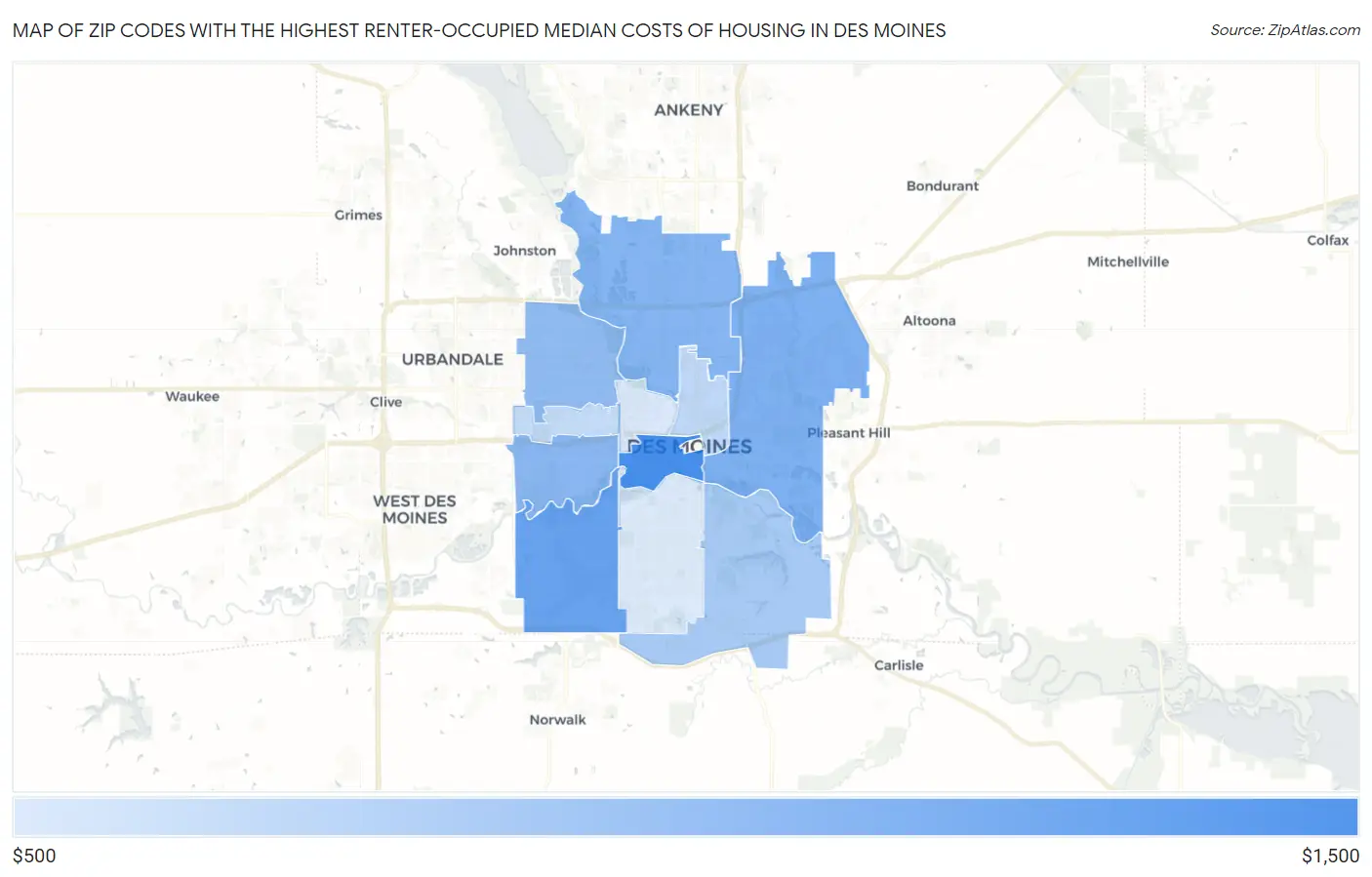Zip Codes with the Highest Renter-Occupied Median Costs of Housing in Des Moines Map