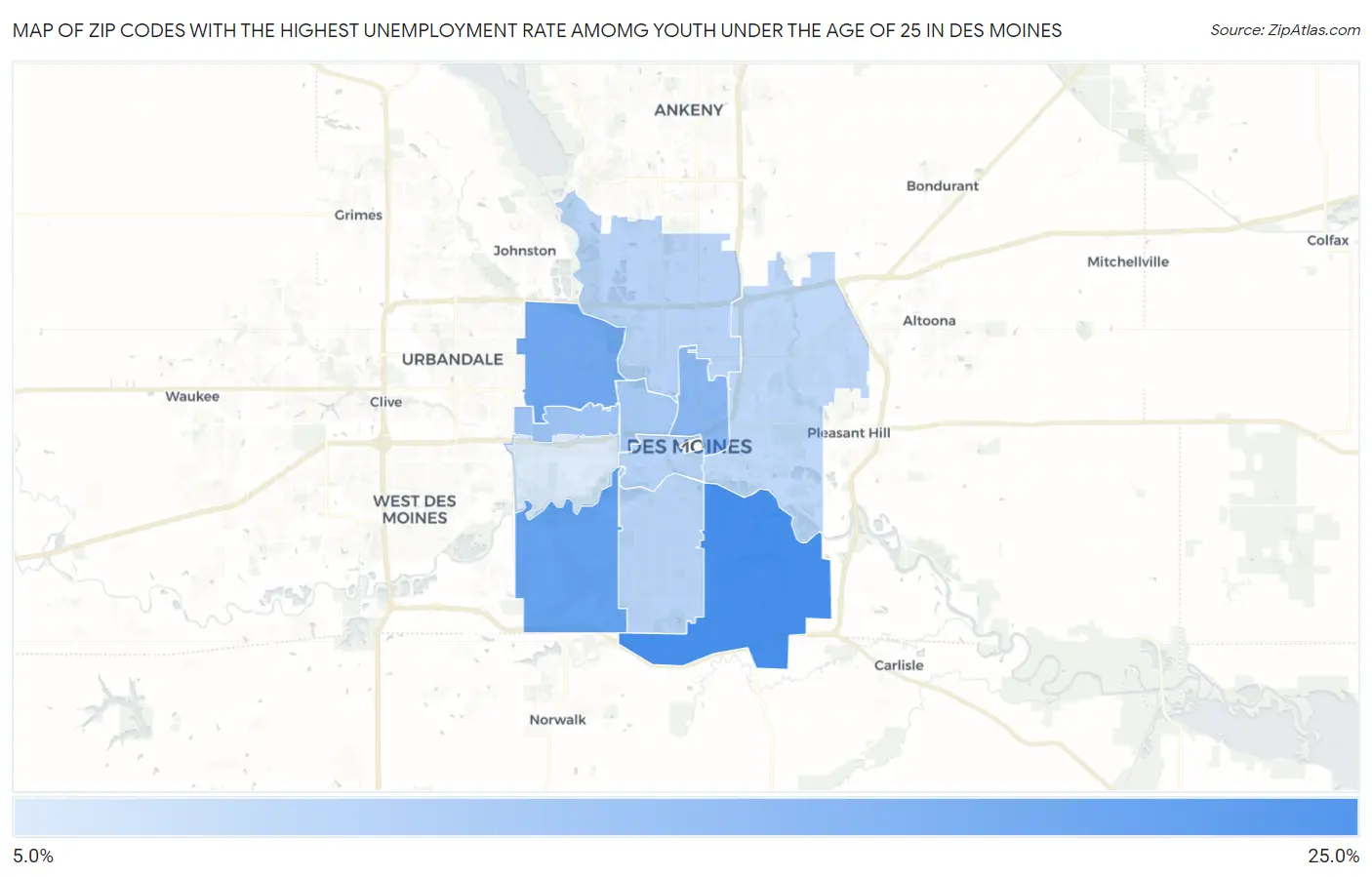 Zip Codes with the Highest Unemployment Rate Amomg Youth Under the Age of 25 in Des Moines Map