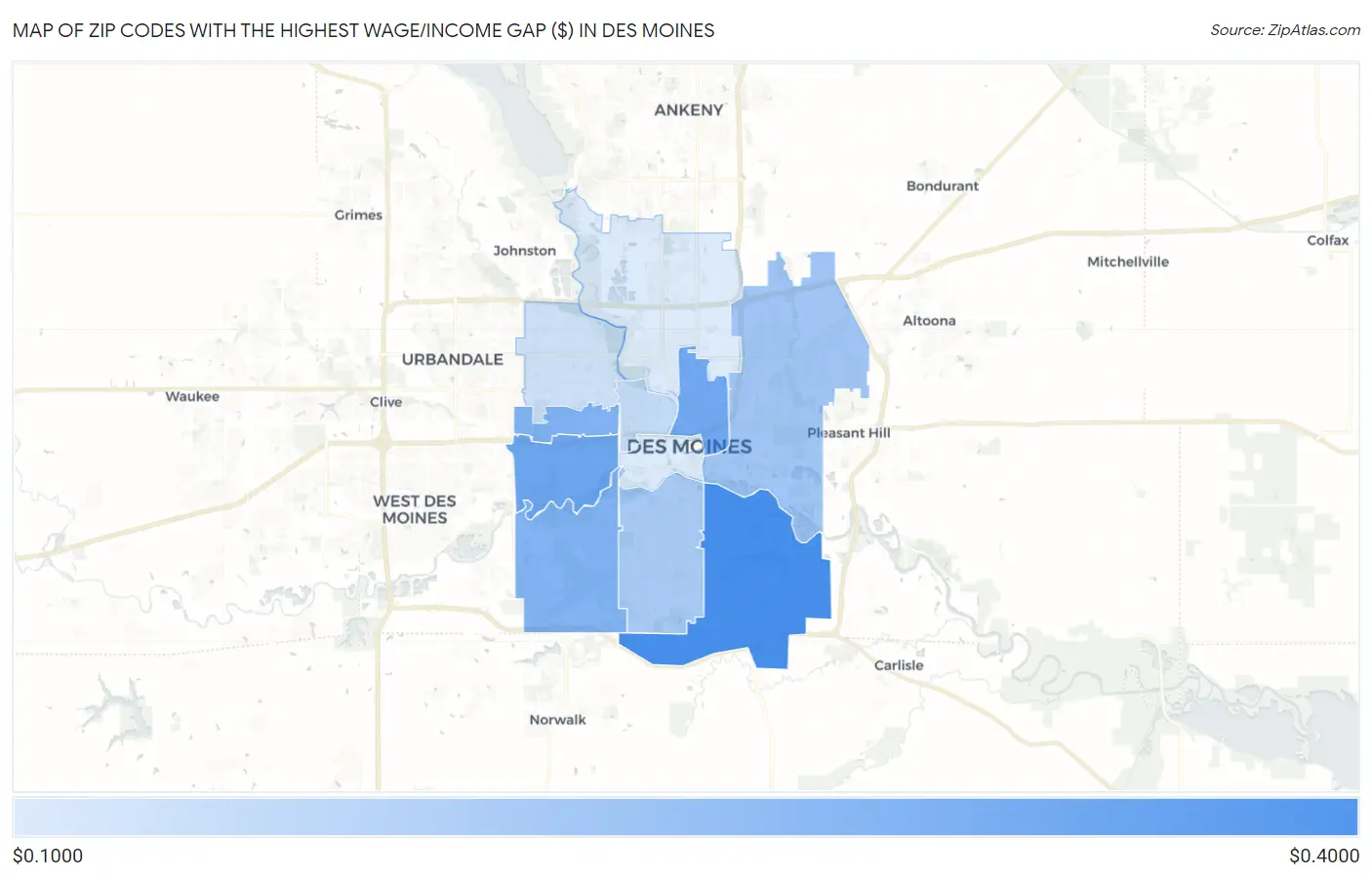 Zip Codes with the Highest Wage/Income Gap ($) in Des Moines Map