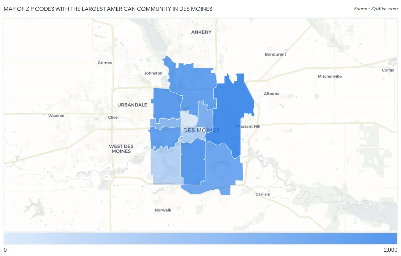 Zip Codes with the Largest American Community in Des Moines Map
