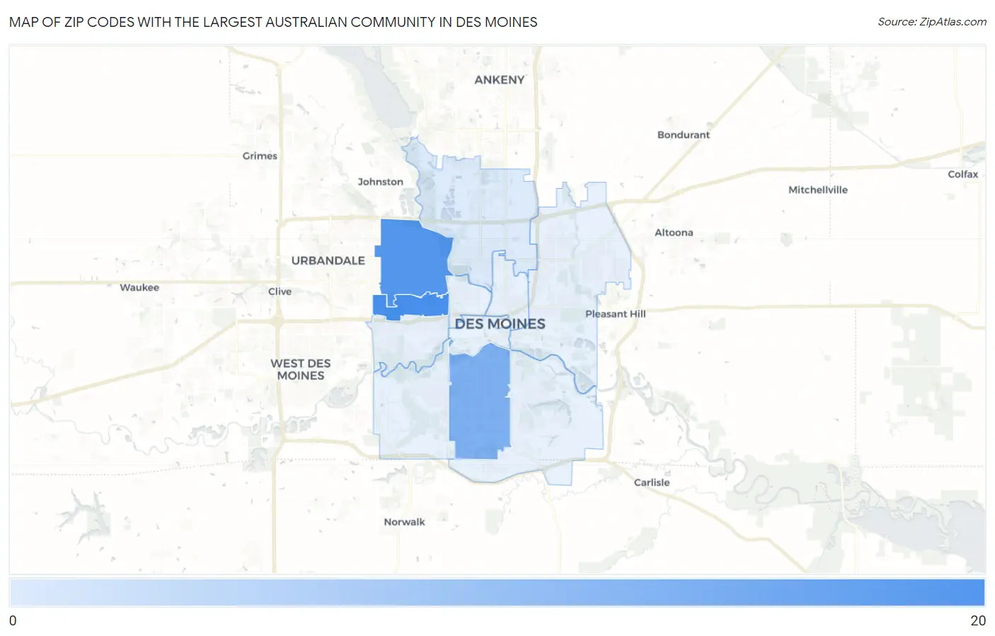 Zip Codes with the Largest Australian Community in Des Moines Map
