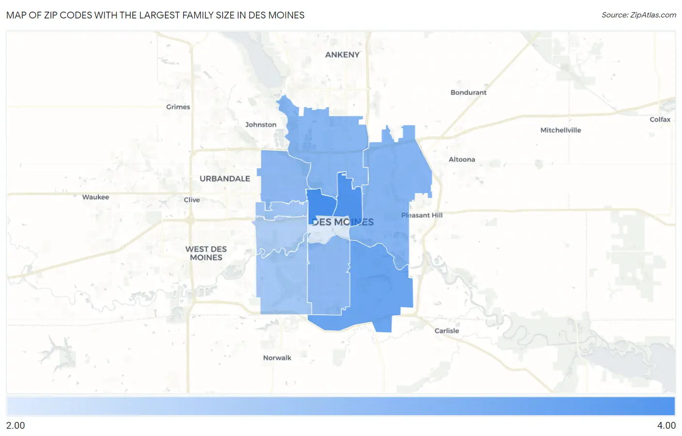 Zip Codes with the Largest Family Size in Des Moines Map
