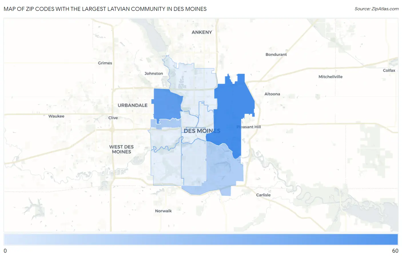Zip Codes with the Largest Latvian Community in Des Moines Map