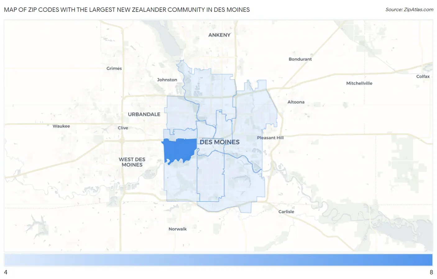 Zip Codes with the Largest New Zealander Community in Des Moines Map