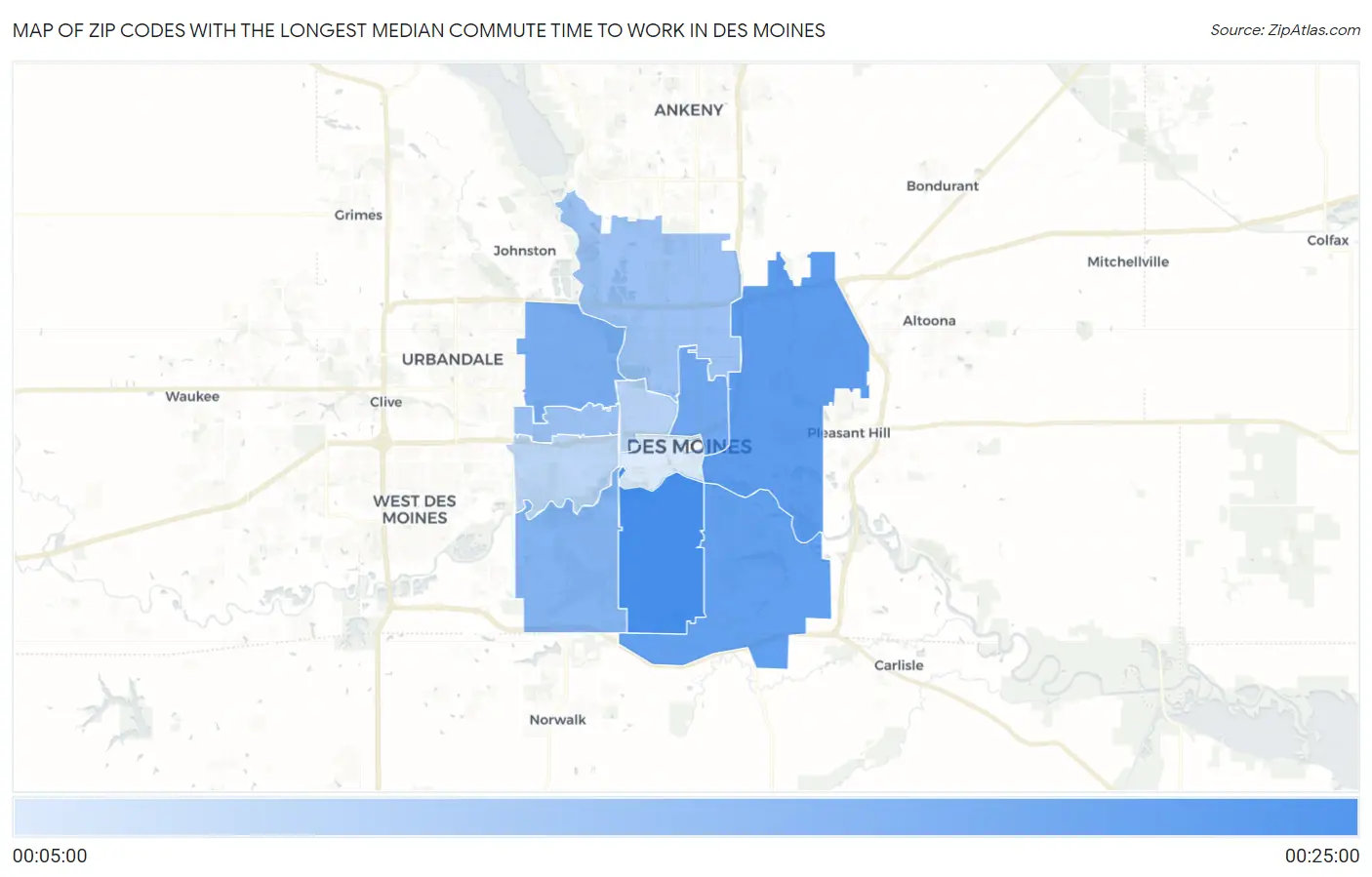 Zip Codes with the Longest Median Commute Time to Work in Des Moines Map