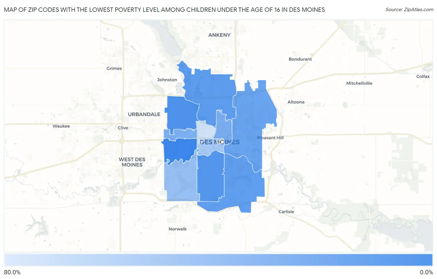 Zip Codes with the Lowest Poverty Level Among Children Under the Age of 16 in Des Moines Map