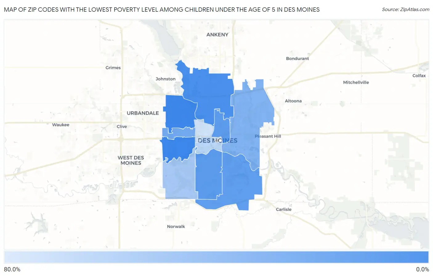 Zip Codes with the Lowest Poverty Level Among Children Under the Age of 5 in Des Moines Map