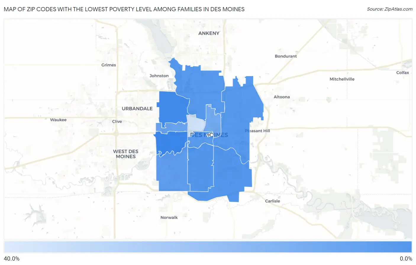 Zip Codes with the Lowest Poverty Level Among Families in Des Moines Map