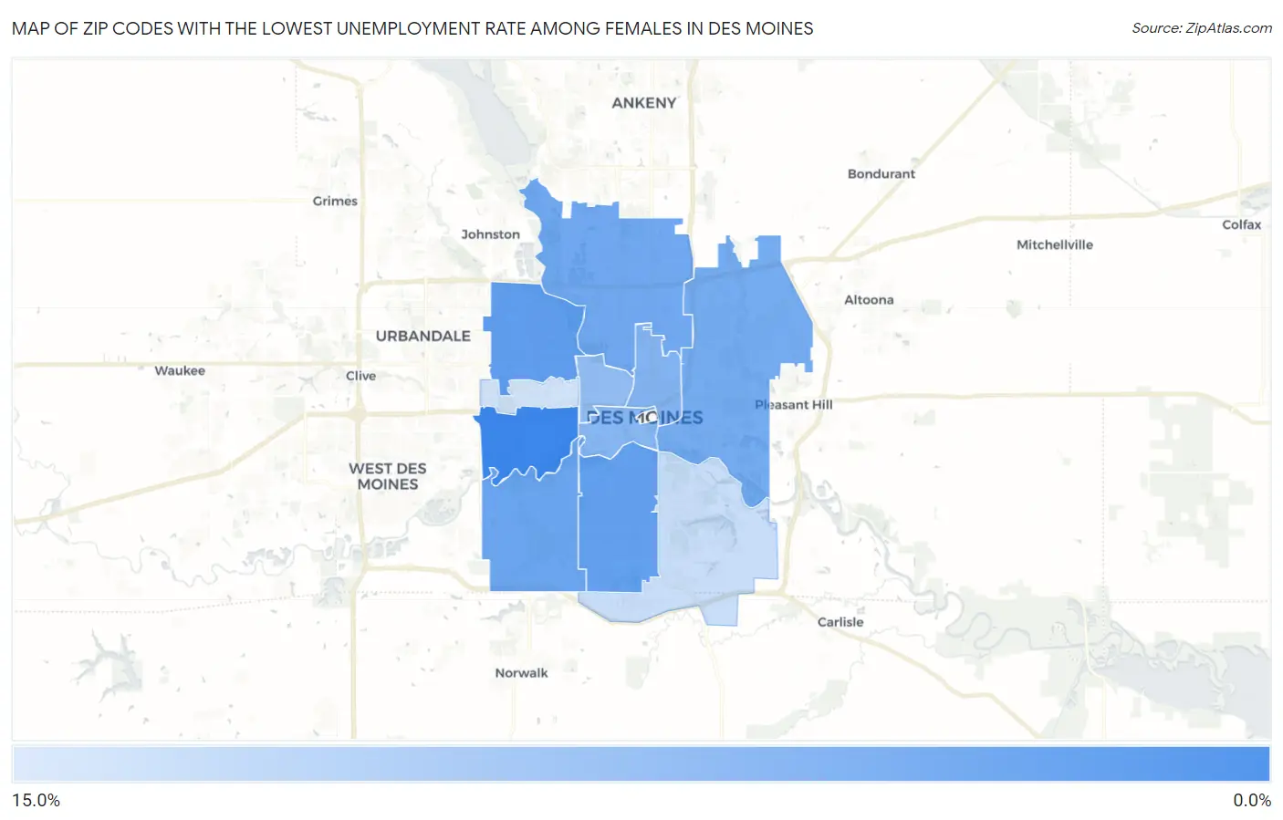 Zip Codes with the Lowest Unemployment Rate Among Females in Des Moines Map