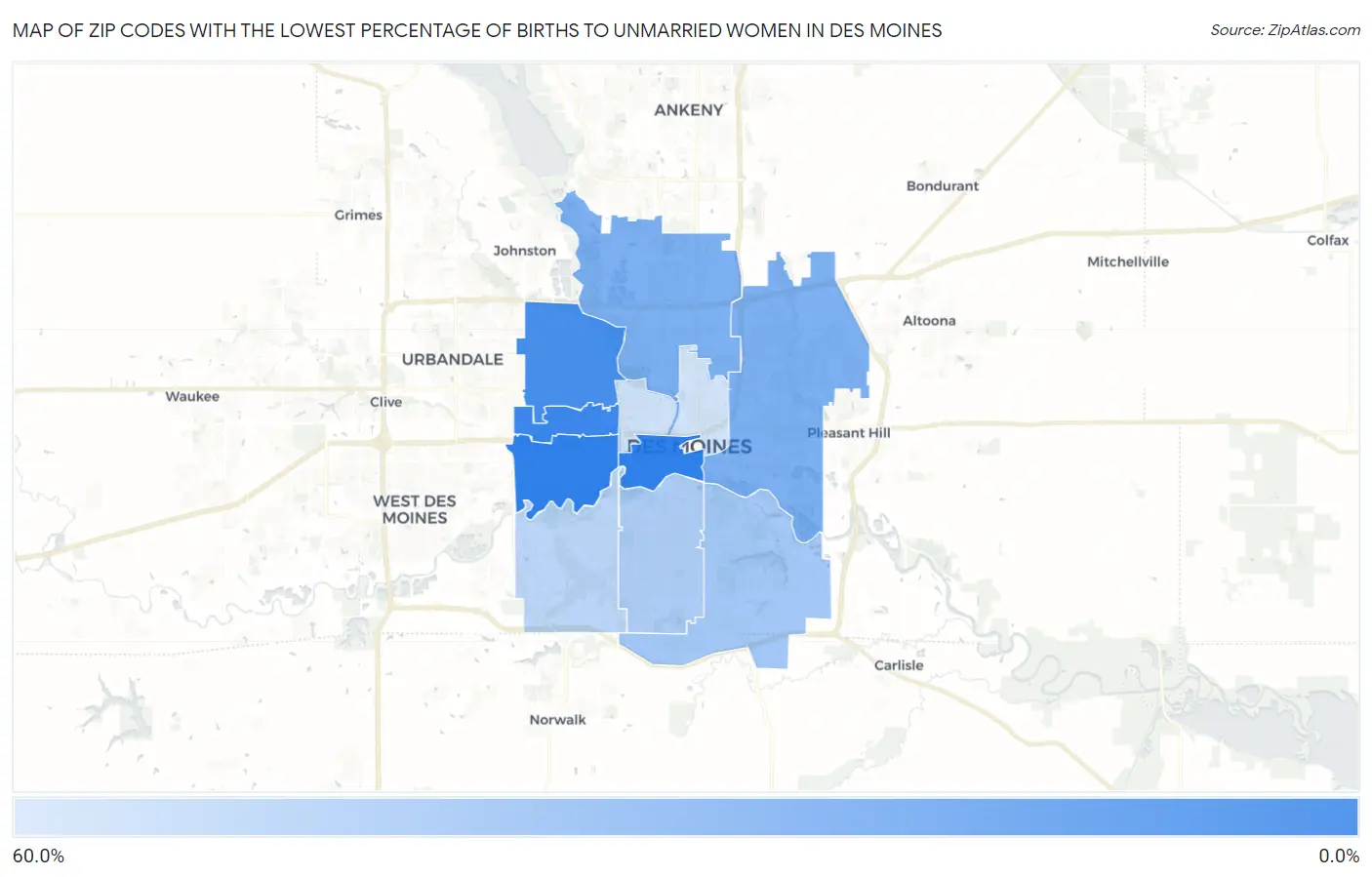 Zip Codes with the Lowest Percentage of Births to Unmarried Women in Des Moines Map