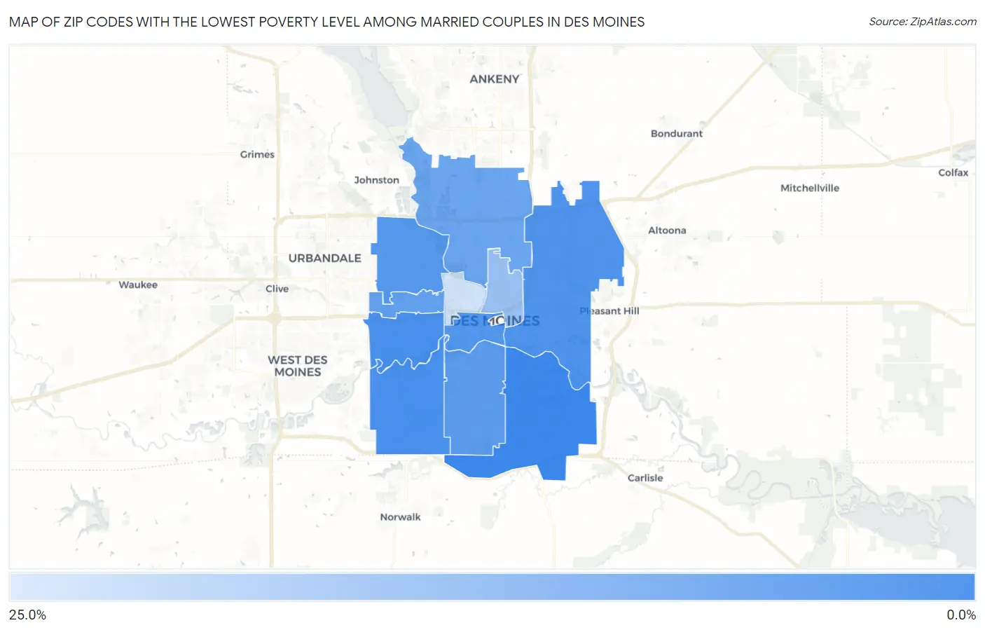 Zip Codes with the Lowest Poverty Level Among Married Couples in Des Moines Map
