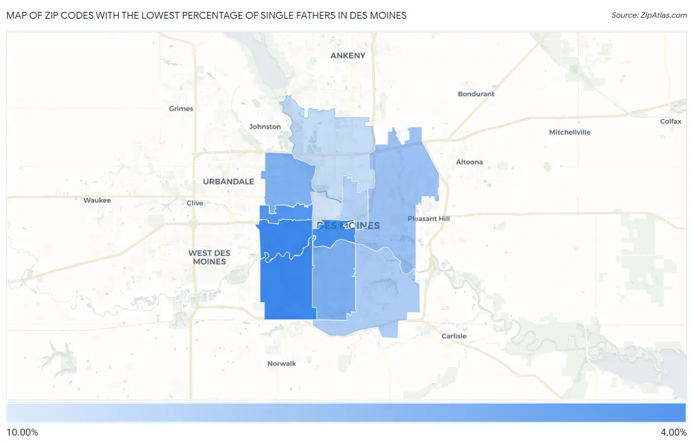 Zip Codes with the Lowest Percentage of Single Fathers in Des Moines Map