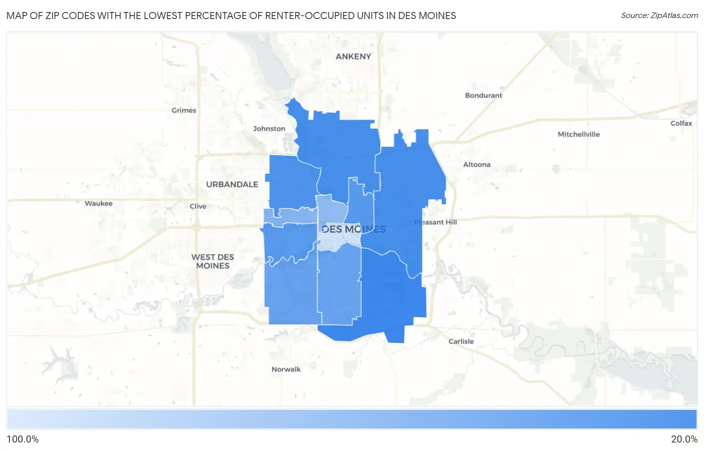 Zip Codes with the Lowest Percentage of Renter-Occupied Units in Des Moines Map