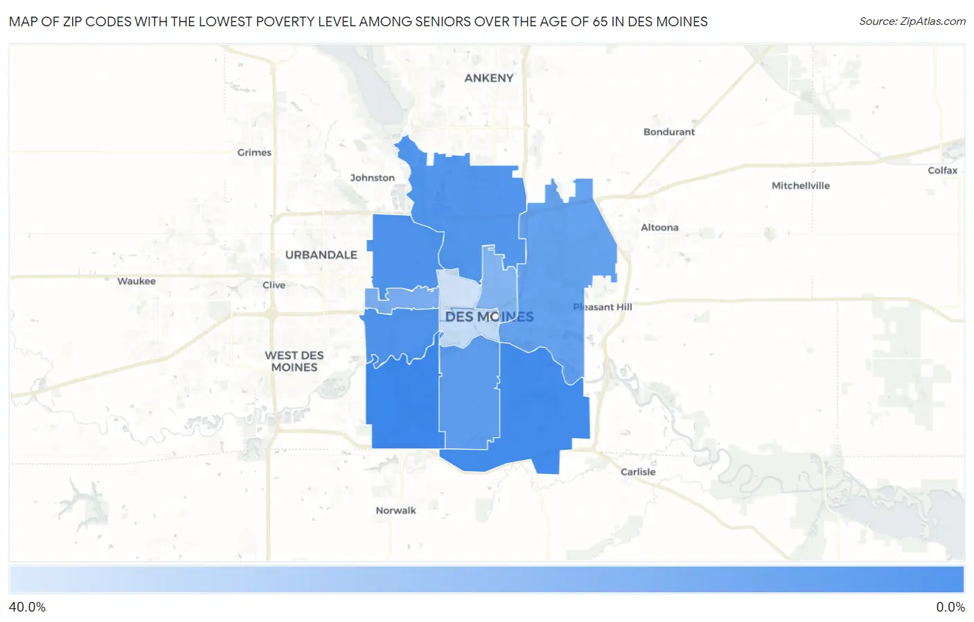 Zip Codes with the Lowest Poverty Level Among Seniors Over the Age of 65 in Des Moines Map