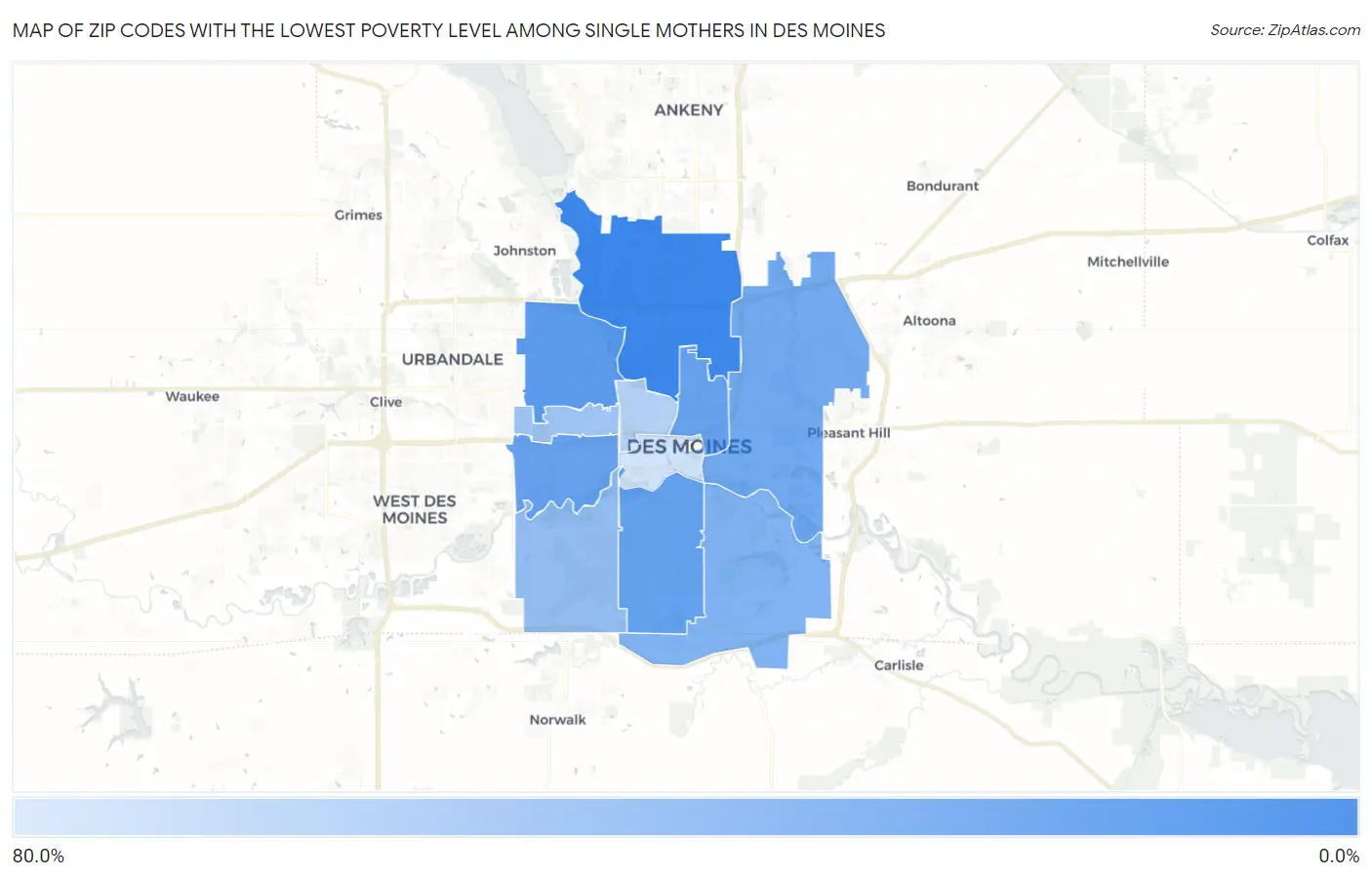 Zip Codes with the Lowest Poverty Level Among Single Mothers in Des Moines Map