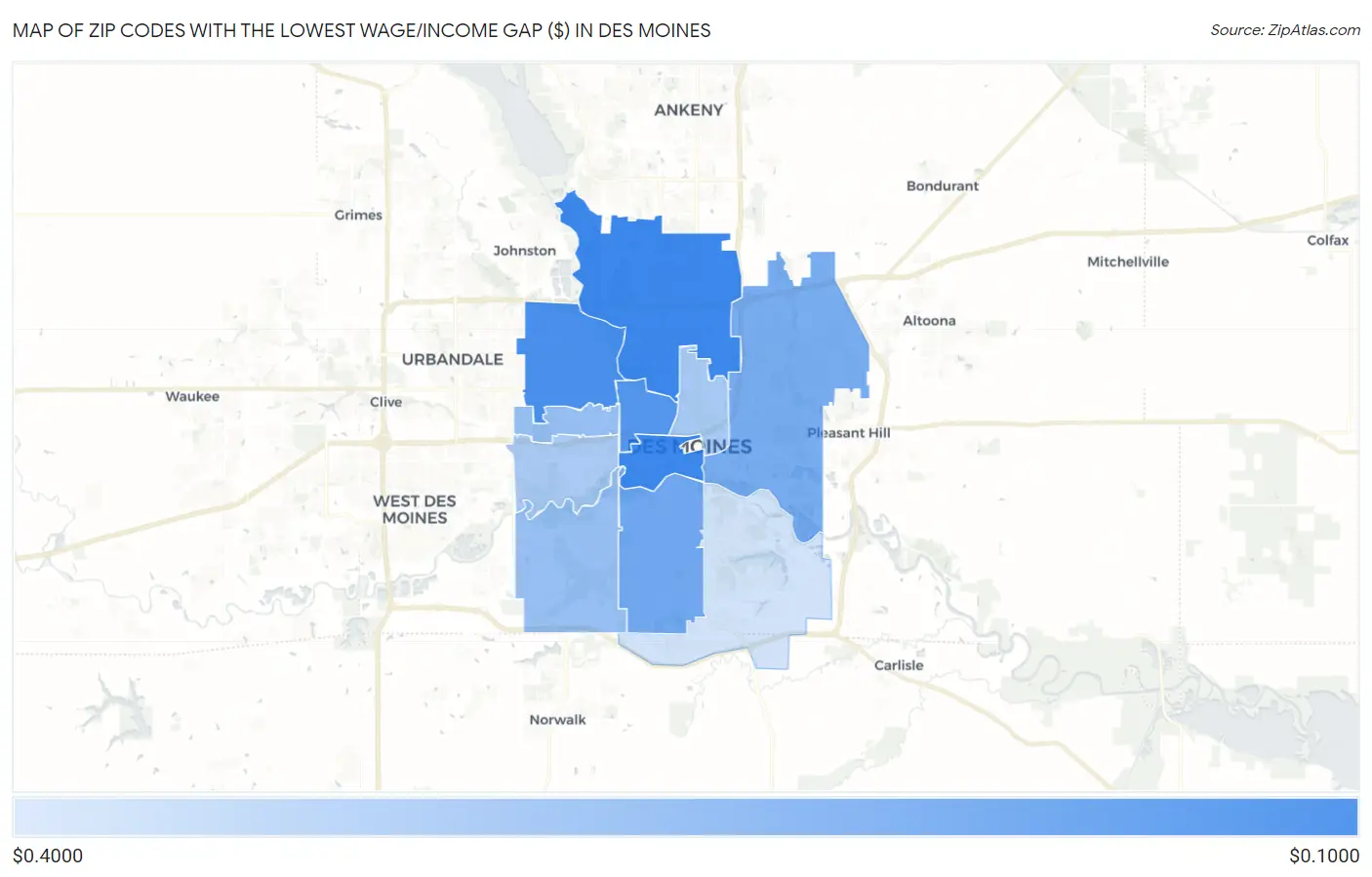 Zip Codes with the Lowest Wage/Income Gap ($) in Des Moines Map