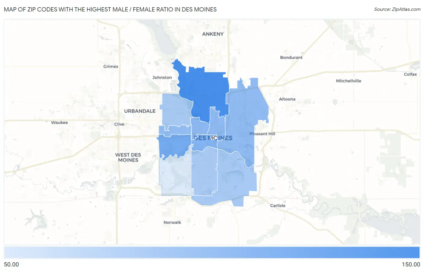 Zip Codes with the Highest Male / Female Ratio in Des Moines Map