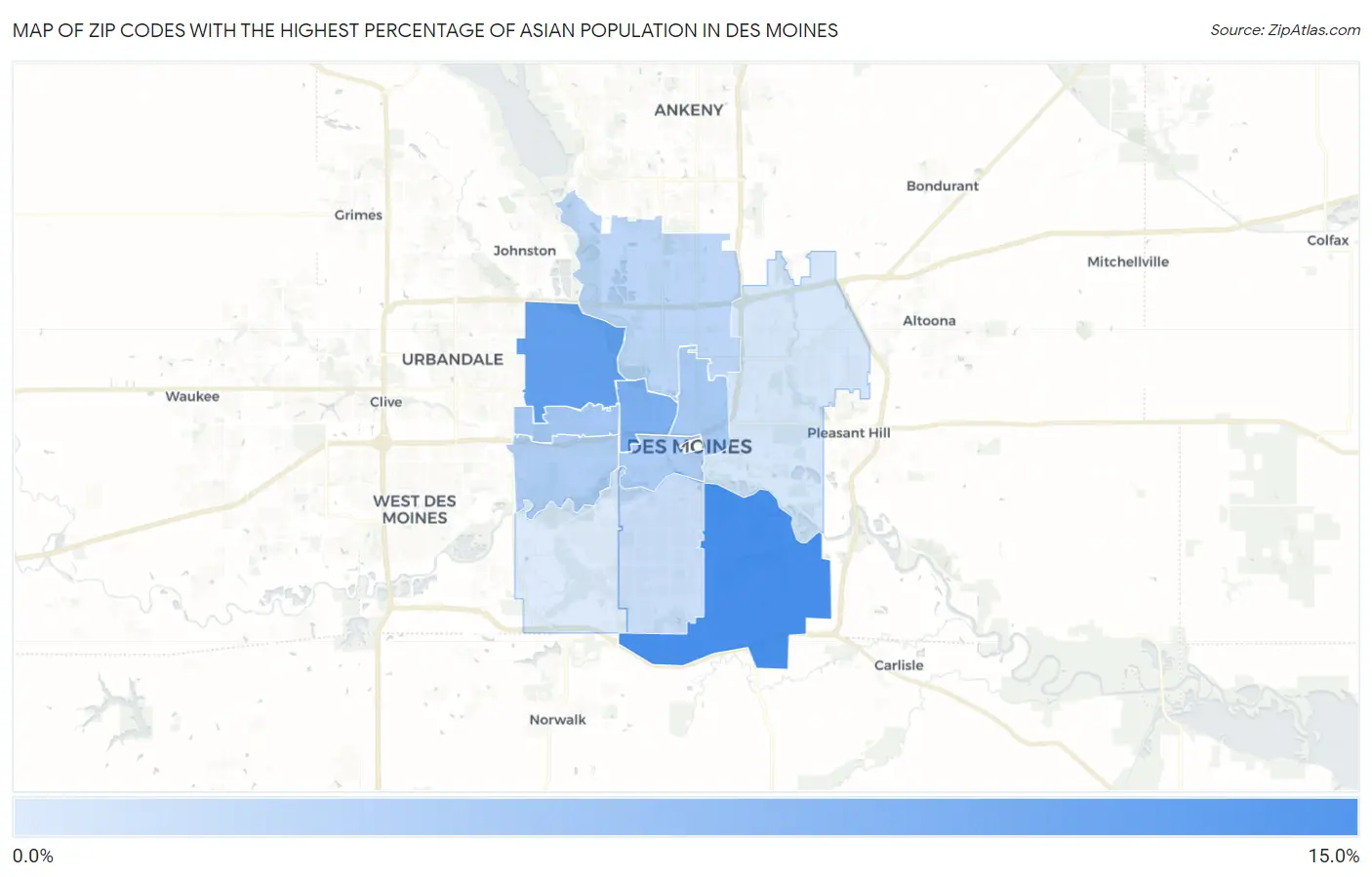 Zip Codes with the Highest Percentage of Asian Population in Des Moines Map