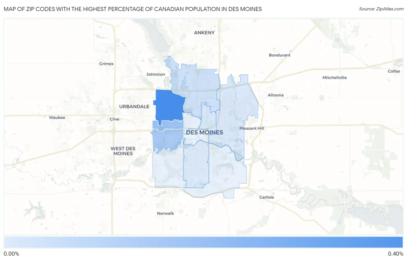 Zip Codes with the Highest Percentage of Canadian Population in Des Moines Map