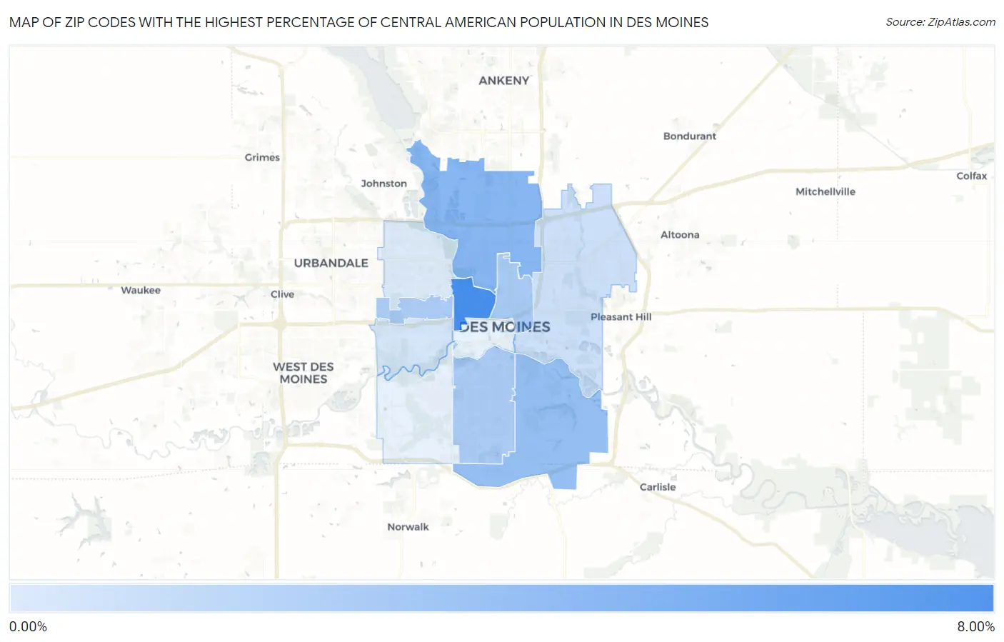 Zip Codes with the Highest Percentage of Central American Population in Des Moines Map