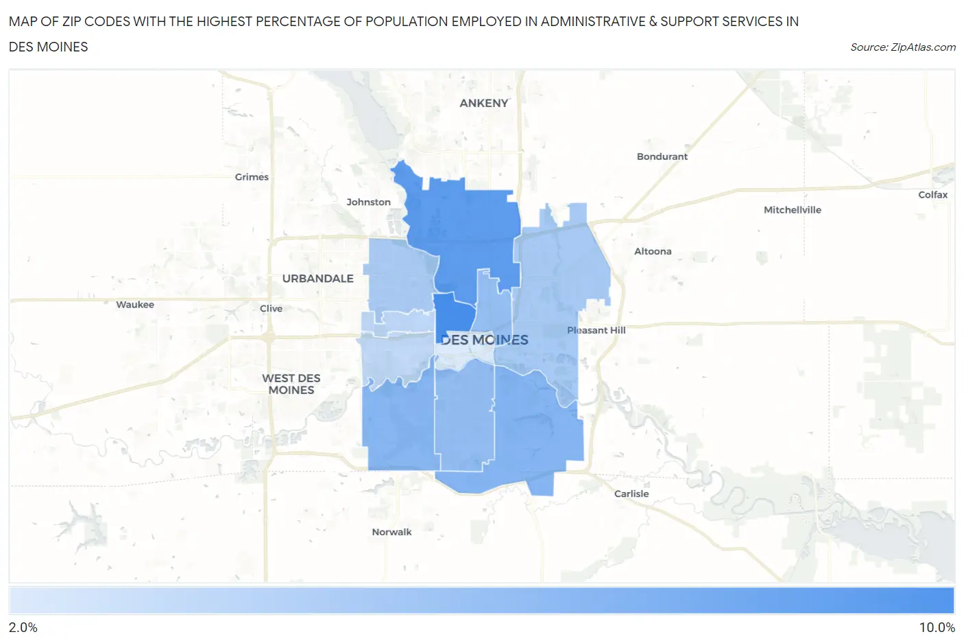 Zip Codes with the Highest Percentage of Population Employed in Administrative & Support Services in Des Moines Map