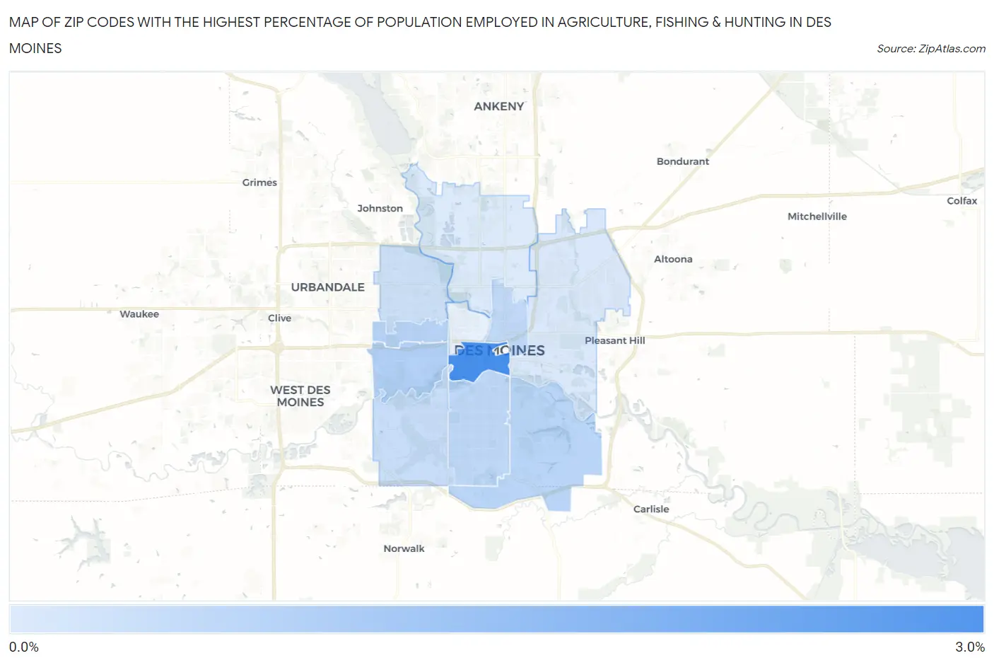 Zip Codes with the Highest Percentage of Population Employed in Agriculture, Fishing & Hunting in Des Moines Map