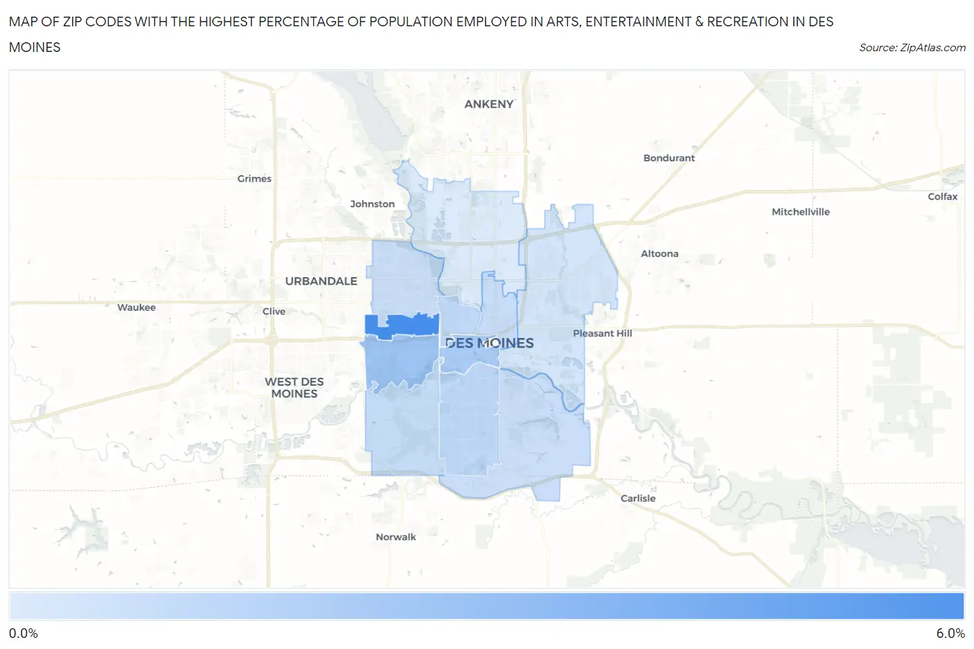 Zip Codes with the Highest Percentage of Population Employed in Arts, Entertainment & Recreation in Des Moines Map