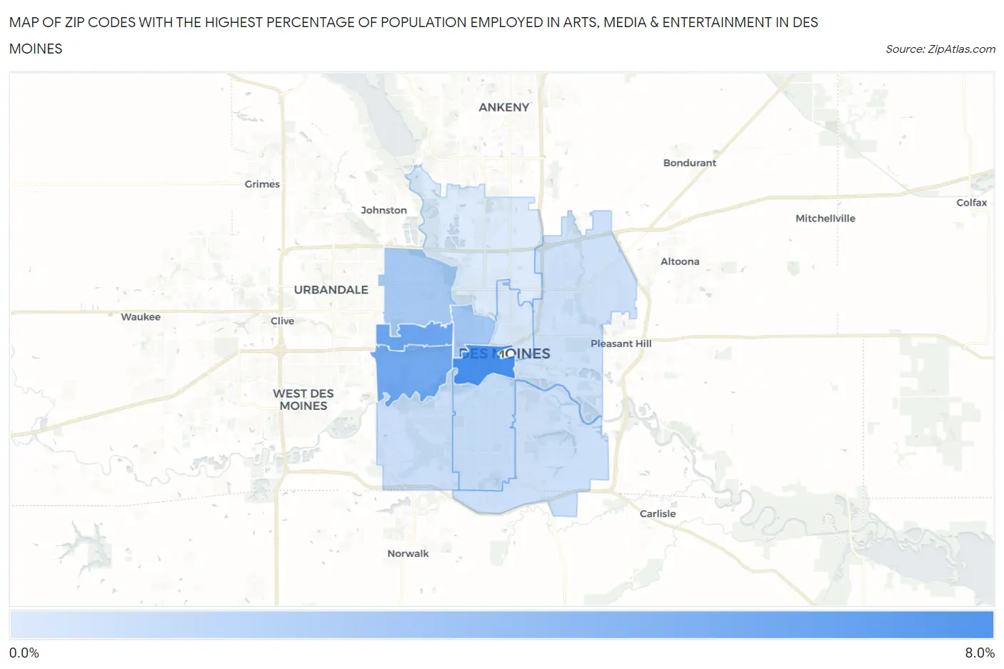 Zip Codes with the Highest Percentage of Population Employed in Arts, Media & Entertainment in Des Moines Map