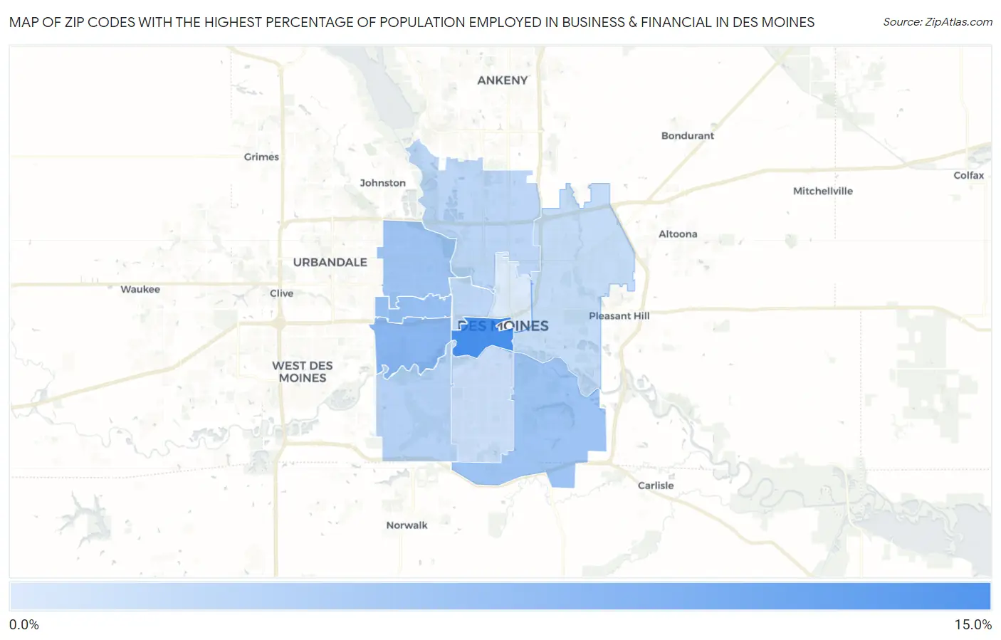 Zip Codes with the Highest Percentage of Population Employed in Business & Financial in Des Moines Map