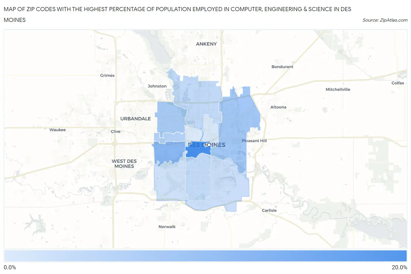 Zip Codes with the Highest Percentage of Population Employed in Computer, Engineering & Science in Des Moines Map